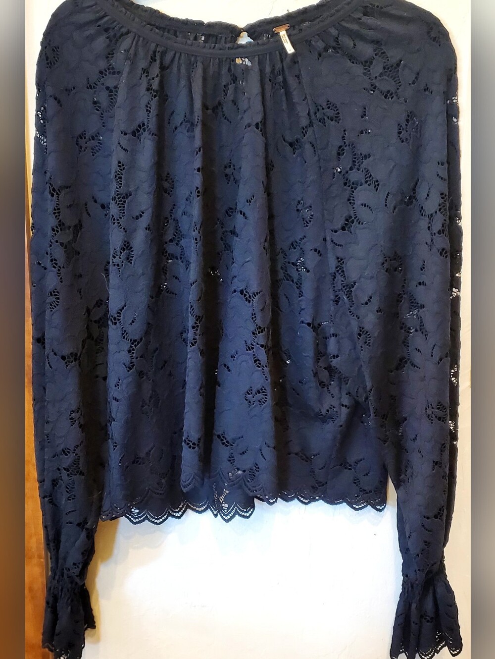 Free People Olivia Black Lace Longsleeve Bohemian Blouse not navy Is BLACK Sz S